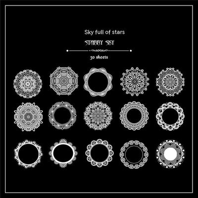 Set of 15 white lace-patterned circular stickers with intricate designs, labeled "North Star Arch" and "30 sheets." - Image 6