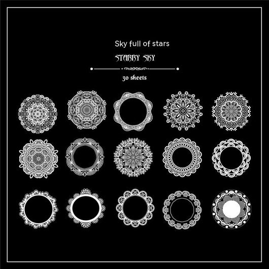 Set of 15 white lace-patterned circular stickers with intricate designs, labeled "North Star Arch" and "30 sheets." - Image 6