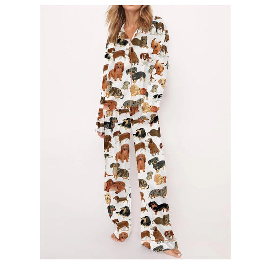 White short-sleeve pajama set with red and green Christmas tree and star print, featuring green piping. - Image 9