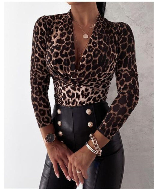 Blusa Leopardo Manga Larga Escote en V para Mujer