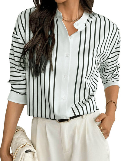 Blusa Rayada Estampada con Contraste de Colores y Botones Simples - Image 6