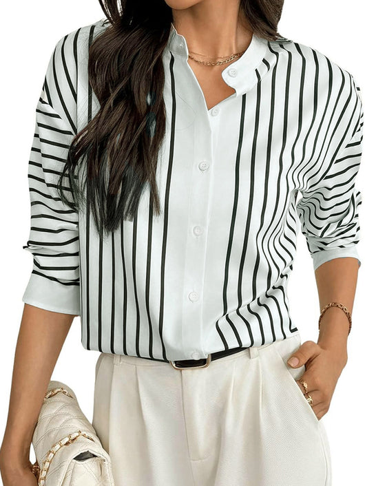 Blusa Rayada Estampada con Contraste de Colores y Botones Simples - Image 6