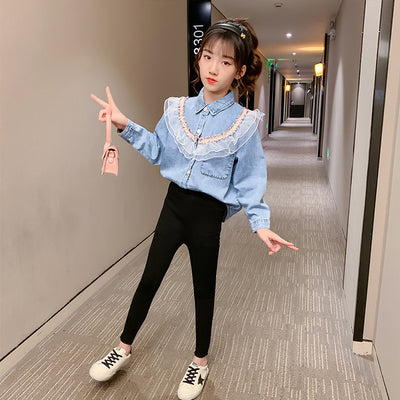 Blusa Infantil Elegante de Manga Larga con Cuello Solapa y Encaje - Image 13