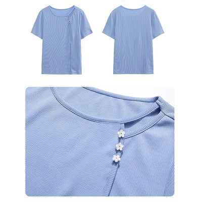 Blusa Ajustada de Punto Azul Manga Corta Efecto Adelgazante - Image 5