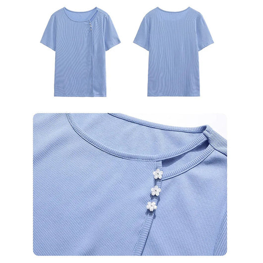 Blusa Ajustada de Punto Azul Manga Corta Efecto Adelgazante - Image 5