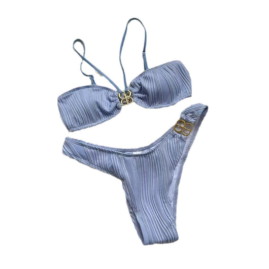 Women's solid light pink textured bikini set with a halter neck bandeau top and matching bottoms, featuring gold buckles. - Image 4