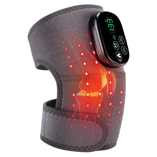 Black knee brace with red infrared lights and a digital control panel, providing heating and vibration massage therapy. - Image 4