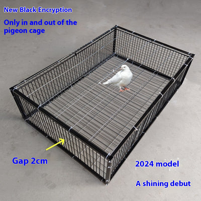 Black wire pigeon cage with a flat top and bottom, designed for one-way entry, shown on a gray surface. - Image 9