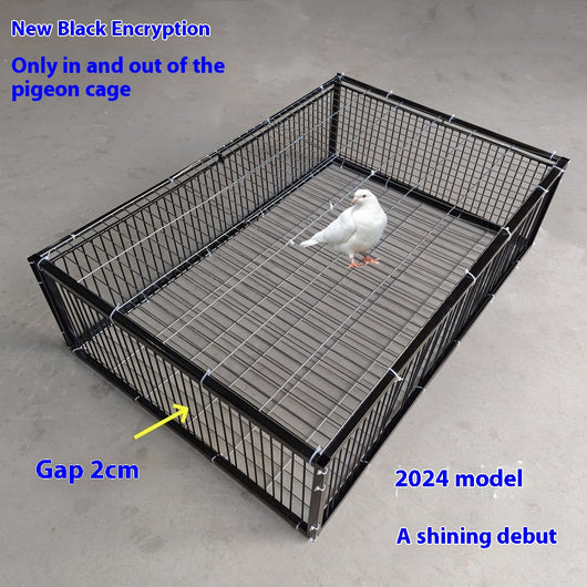 Black wire pigeon cage with a flat top and bottom, designed for one-way entry, shown on a gray surface. - Image 9
