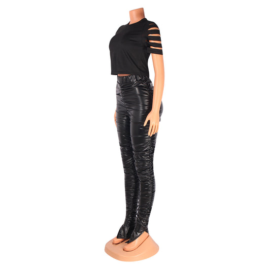 Pantalones de Cuero PU Plisados Cintura Alta Elásticos Ajustados - Image 8