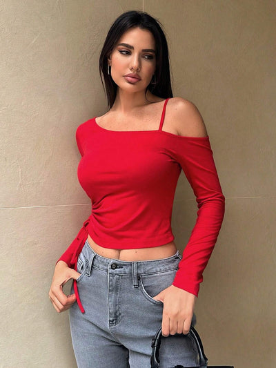 Blusa Corta Cuello Oblicuo Estilo Dulce y Picante para Mujer - Diseño Otoño Invierno - Image 11