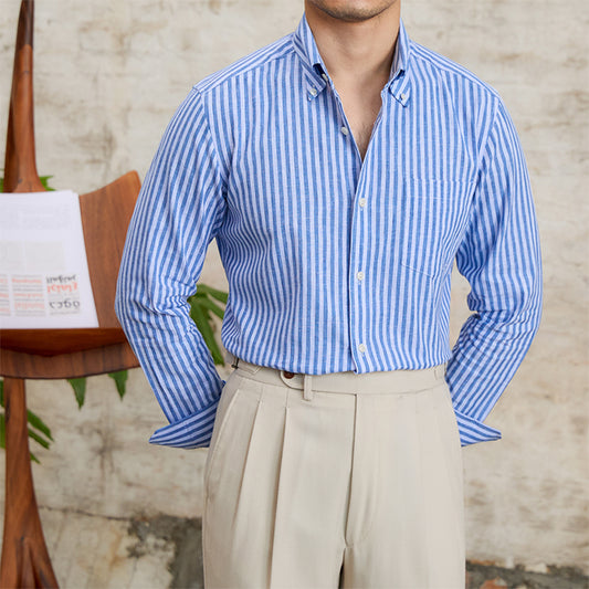 Camisa Elegante de Algodón y Lino con Rayas - Manga Larga Clásica