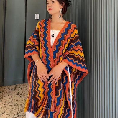 Rebozo Étnico Geométrico con Patrón Wave - Tejido Grueso y Cálido para Viajes - Image 2