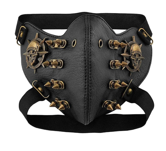 Black leather half-face mask with brass chains, spikes, and gear accents, featuring adjustable elastic straps. - Image 19