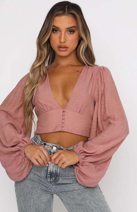 Blusa Elegante Escote en V con Mangas Linterna y Cintura Alta - Image 8