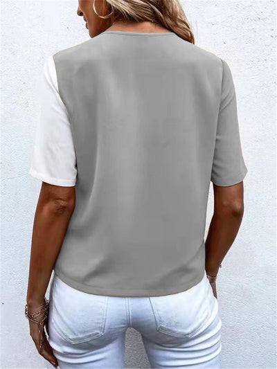 Blusa Elegante de Chifón con Contraste y Manga Corta para Mujer - Image 17