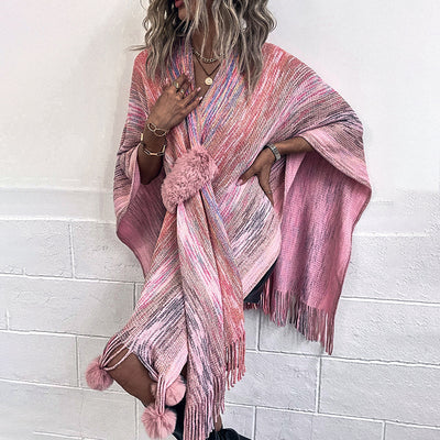 Abrigo Poncho Tejido con Borlas de Colores Contrastantes para Mujer - Image 19
