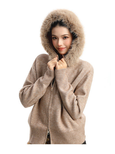 Abrigo Cardigan con Capucha y Cuello de Pelaje Beige para Mujer - Image 20