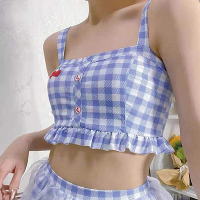 Sweet blue and white gingham two-piece swimsuit with cherry embroidered crop top and star-decorated skirt. - Image 3