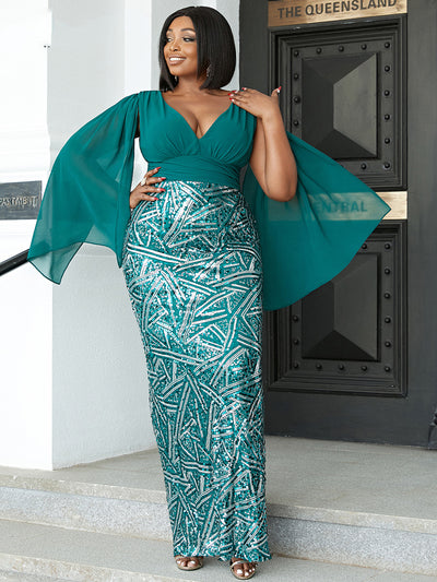 Vestido Formal Verde Talla Grande con Escote en V y Lentejuelas Contrastantes - Image 8