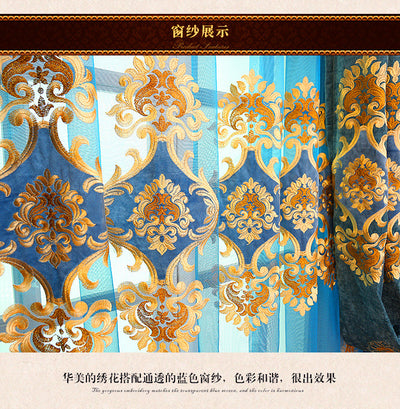 Purple chenille velvet curtains with gold embroidery, tied back to reveal a sheer embroidered curtain behind. - Image 5