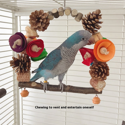 Natural wood parrot swing with pine cones, colorful wooden pieces, and small bells for chewing and perching. - Image 4