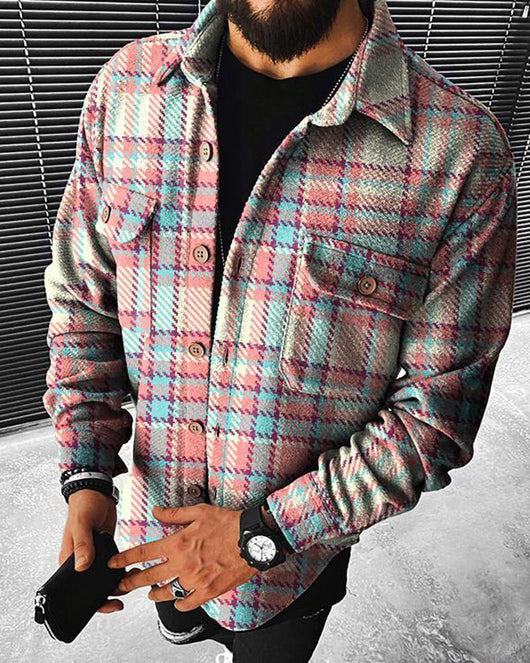 Camisa Cuadros Bloques de Color Primavera Otoño para Hombre - Image 7