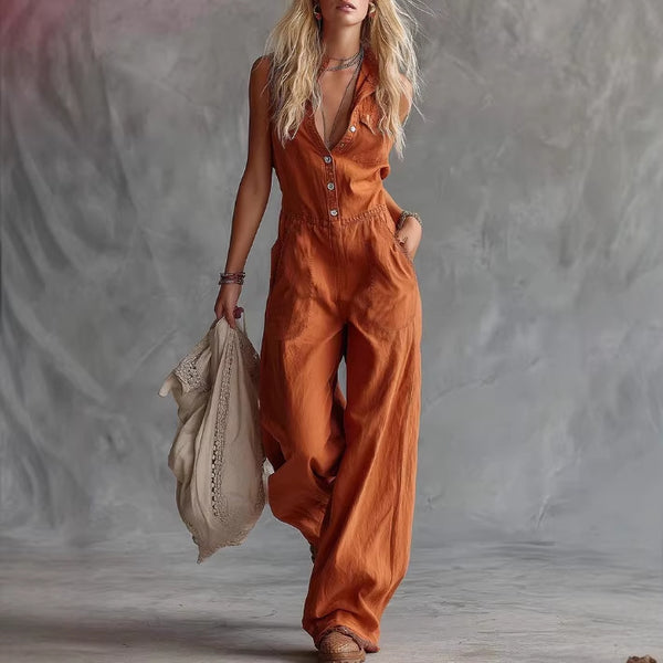 Jumpsuit Casual para Mujer con Escote V y Botones Frontales