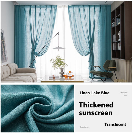 White translucent thickened sunscreen curtain made of hemp yarn with grommet top, hanging in a modern window. - Image 8