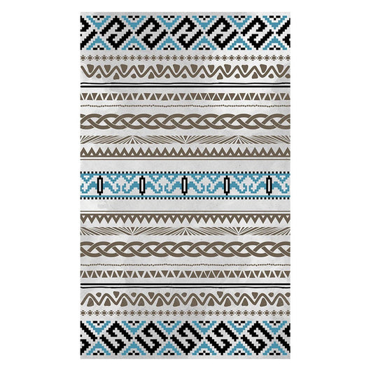Rectangular area rug with white background and horizontal stripes of black, teal, and yellow tribal patterns. - Image 23