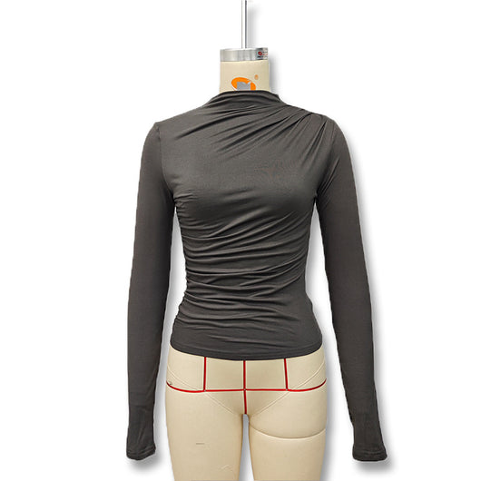 Blusa Cuello Alto Plisada Ajustada para Otoño e Invierno - Image 10