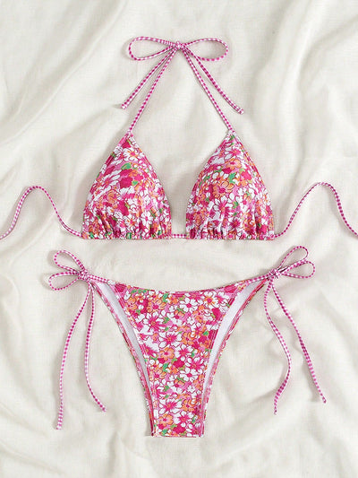 Female creative minimally printed split bikini set with a vibrant bohemian pattern and tie-side bottoms. - Image 22