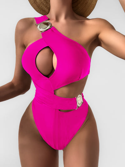 Hot pink one-piece swimsuit with an asymmetrical one-shoulder design, chest keyhole, side cutouts, and silver buckles. - Image 7