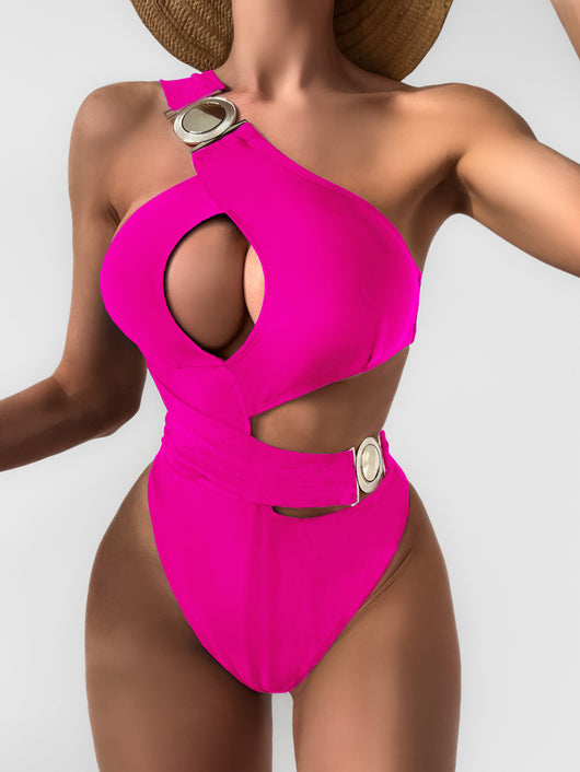 Hot pink one-piece swimsuit with an asymmetrical one-shoulder design, chest keyhole, side cutouts, and silver buckles. - Image 7