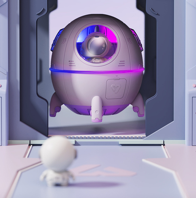 White USB astronaut humidifier shaped like a rocket, emitting mist, with a small astronaut figure inside a clear dome. - Image 9
