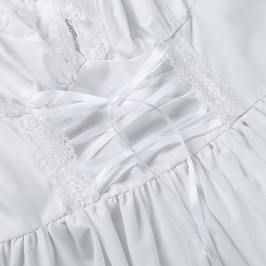 Vestido Blanco con Panel de Encaje y Cintura Anudada - Image 29