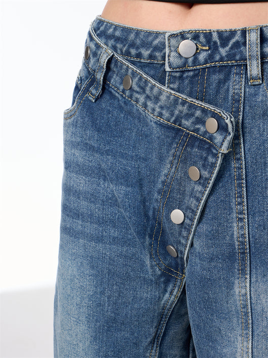 Pantalones Vaqueros Rectos Azules Cintura Alta Pierna Ancha Efecto Desgastado - Image 24