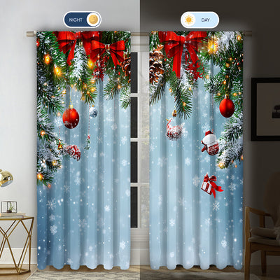 Pair of Christmas curtains with a 3D digital print of a snowy winter window scene, frosted trees, and snowflakes. - Image 34