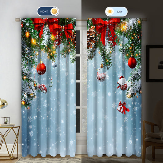 Pair of Christmas curtains with a 3D digital print of a snowy winter window scene, frosted trees, and snowflakes. - Image 34
