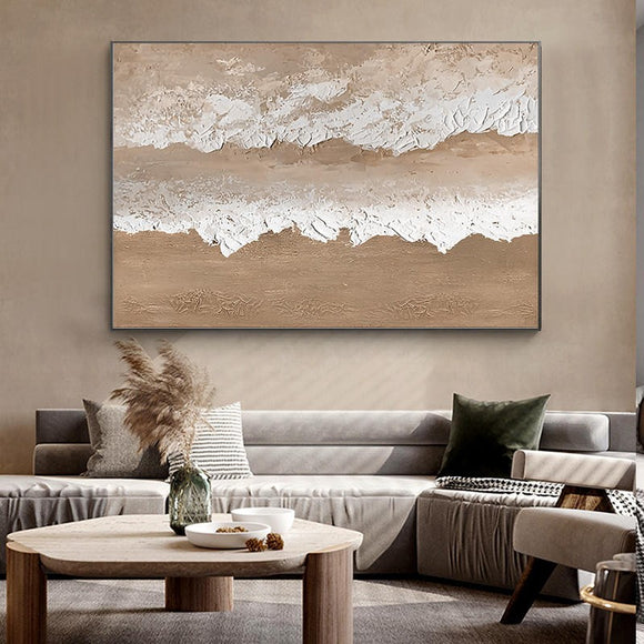 Cuadro Abstracto Grande Óleo Hecho a Mano Textura Marrón Paisaje Playa para Sala de Estar