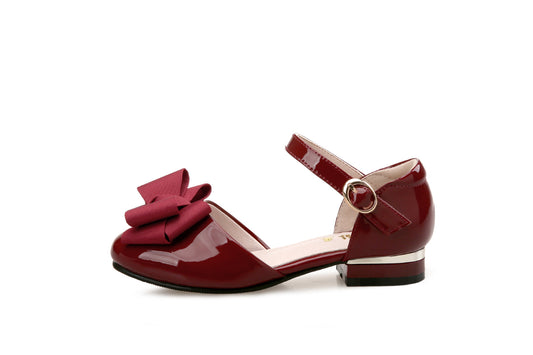 Dark red patent leather Mary Jane shoes for big kids, featuring a large grosgrain bow on the toe and a block heel. - Image 2
