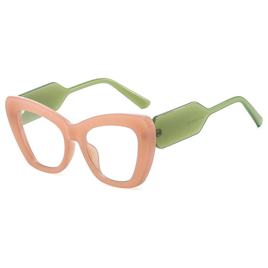 Pink cat-eye sunglasses with green temples and brown to pink gradient lenses on a white background. - Image 12