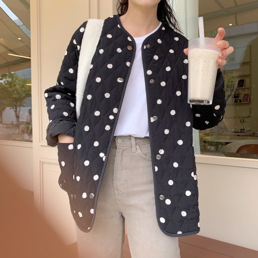 Chaqueta Acolchada Suelta con Lunares y Bolsillos Dobles