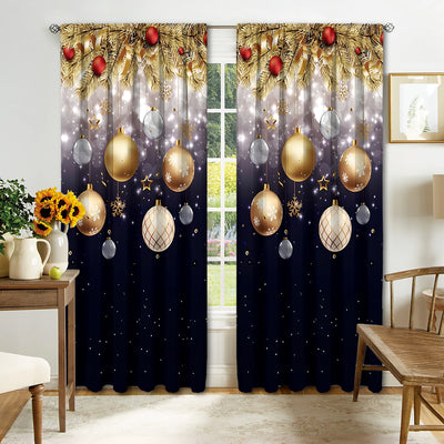 Digital printed Christmas curtains with a festive garland design, red ornaments, bows, and berries, on a white background. - Image 15