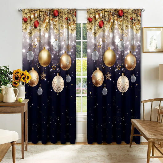 Digital printed Christmas curtains with a festive garland design, red ornaments, bows, and berries, on a white background. - Image 15