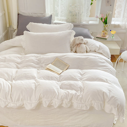 Juego de Cama Blanco de 4 Piezas Estilo Princesa, Algodón Lavado a la Piedra - Image 3