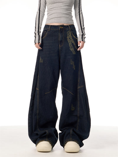 Overol Denim Retro Patchwork de Pierna Ancha para Mujer - Image 16