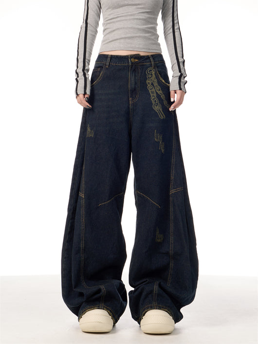 Overol Denim Retro Patchwork de Pierna Ancha para Mujer - Image 16