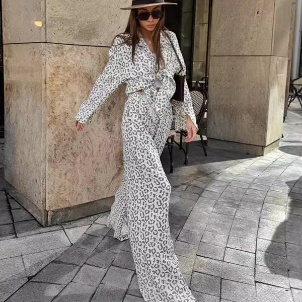 Conjunto Ejecutivo Blusa Leopardo Algodón Puro Manga Larga Cintura Alta Mujer