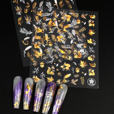 Stickers de Uñas 3D Adhesivos Hoja de Arce Dorada Láser con Letras - Image 2